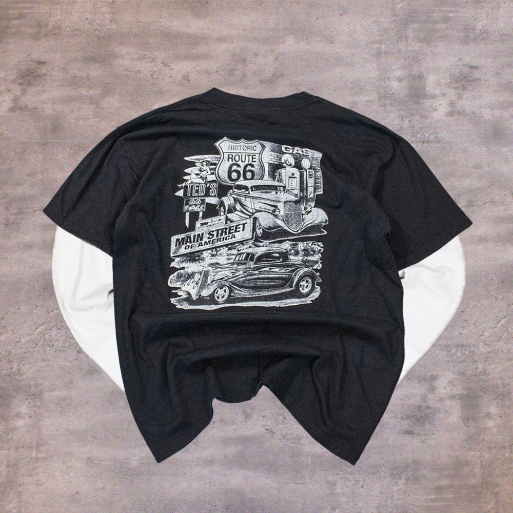 90's Hanes Beefy-T Route 66 Old School Hot Rods Black Black T-Shirt
